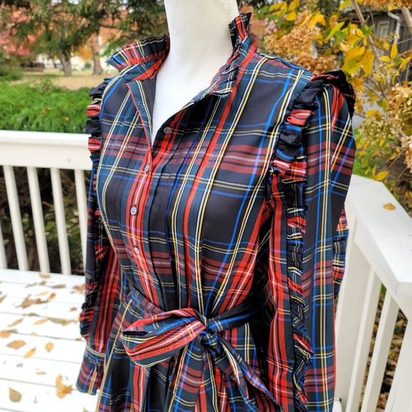 New! J Crew sz M Belted Ruffle Black Tartan Plaid Christmas Dress NWT - Picture 3 of 16